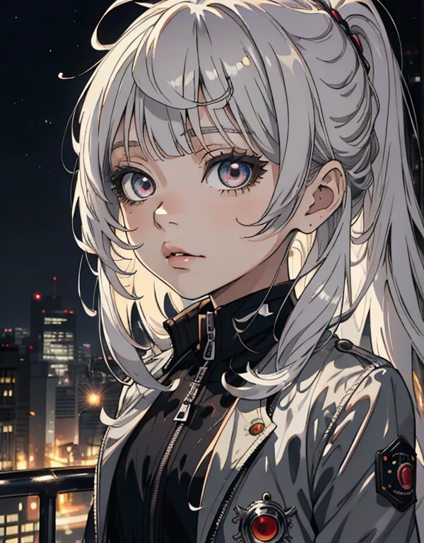 ((masterpiece, best quality)), (1girl, anime girl in the city night),(little girl, loli), (solo), (female focus), (grey hair, long hair, straight hair, straight bangs),silver eyes, ((black suit, mafia, jacket), cool face, flat expression, portraits, close up, upper body, vibrant colors, soft lighting