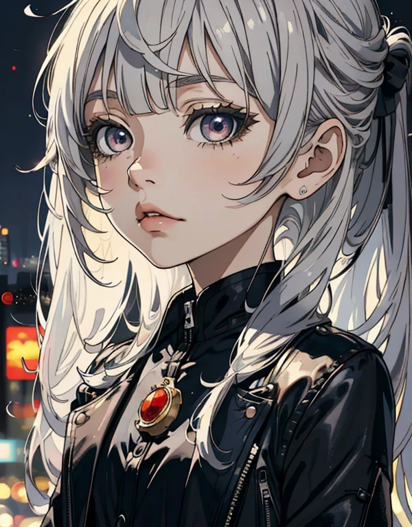 ((masterpiece, best quality)), (1girl, anime girl in the city night),(little girl, loli), (solo), (female focus), (grey hair, long hair, straight hair, straight bangs),silver eyes, ((black suit, mafia, jacket), cool face, flat expression, portraits, close up, upper body, vibrant colors, soft lighting