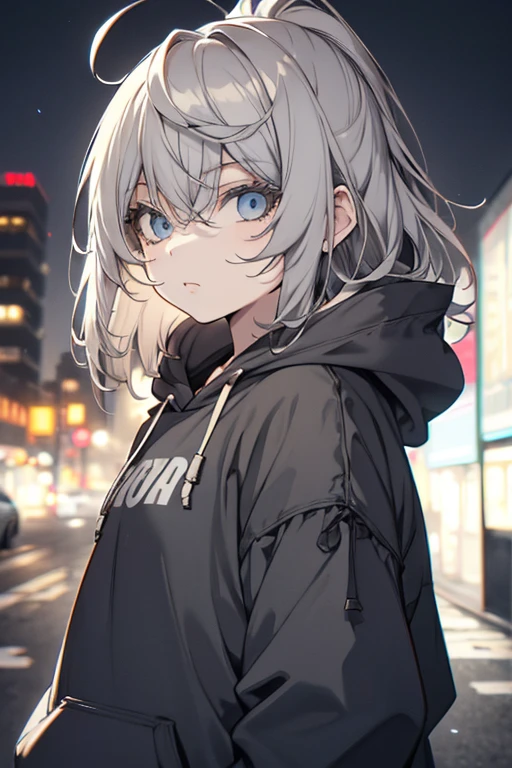 Faded tones, monochromes, Cool guy, Long bangs, Hipster Girl, lean girl, Grey Hair, Upper chest shot, monochromes, Black, Hoodie, No background, City at night, From Side、Black clothe、Black costume, ham