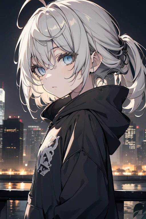 Faded tones, monochromes, Cool guy, Long bangs, Hipster Girl, lean girl, Grey Hair, Upper chest shot, monochromes, Black, Hoodie, No background, City at night, From Side、Black clothe、Black costume, ham