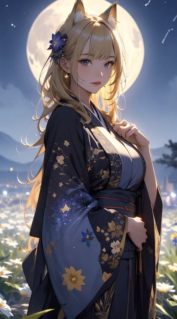 masterpiece, high quality, 4K, Beautiful design, silhouette，blonde， 非常に詳細な夜のStarry Sky,Flower Field， wonderful, Finer details,  Very knowledgeable woman, Highly detailed solo, 1 female,Cat ear，Big Breasts，kimono，Night view，Starry Sky，full moon，