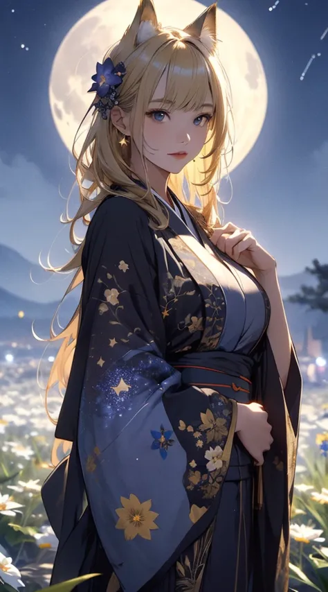 masterpiece, high quality, 4k, beautiful design, silhouette，blonde， 非常に詳細な夜のstarry sky,flower field， wonderful, finer details,  ...