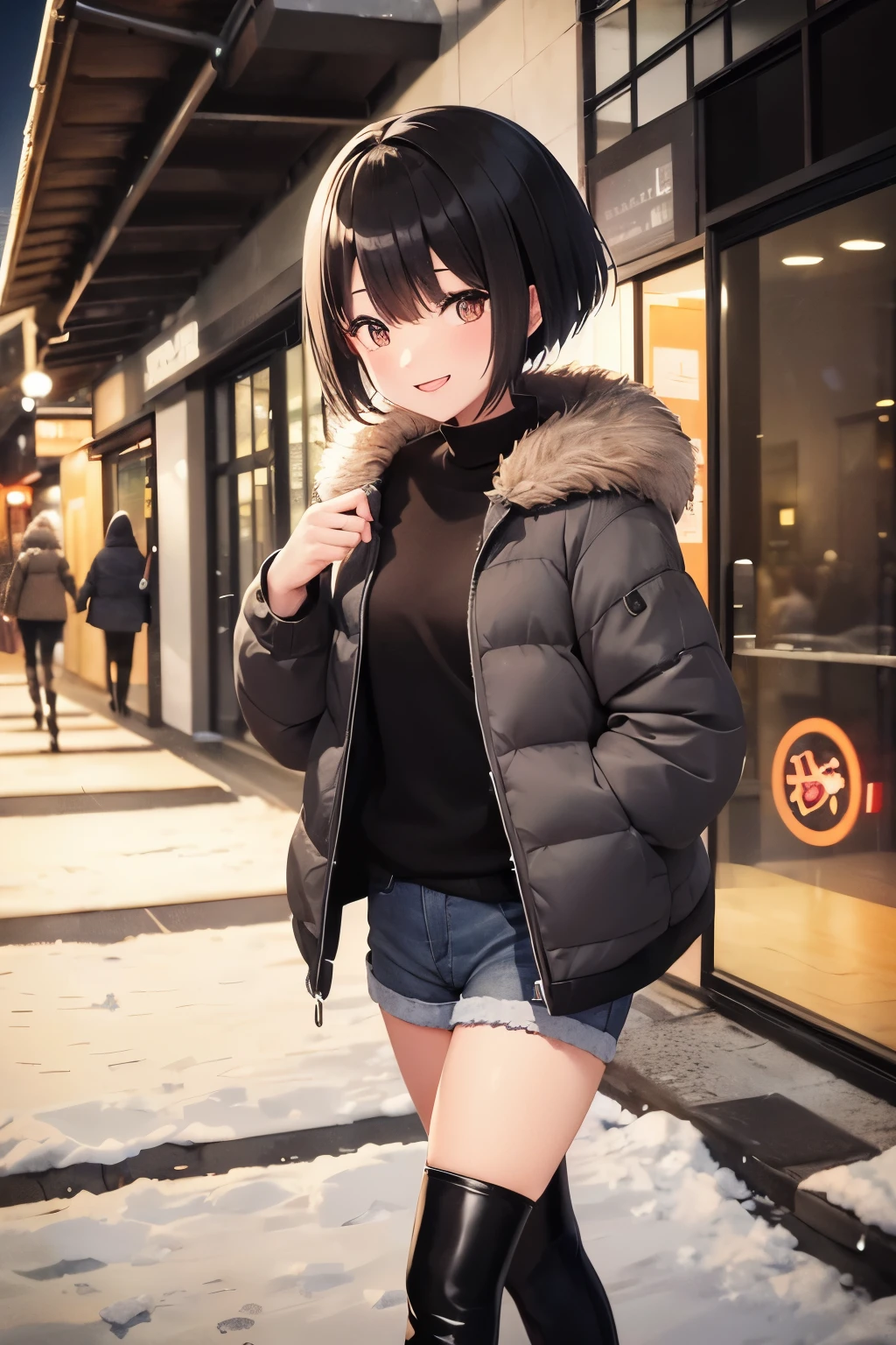 
Cheerful female college student、Thick eyebrows、Hanging eyes、Smiling mouth、black hair、short hair、Jacket with fur（black）、hot pants（gray）、boots with buckles（Brown）、（Flat Brown）、While walking、Riverside Promenade、Snow Scene