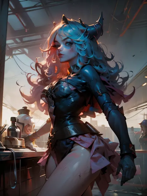 Hermosa y sensual dark magician gils vestida como Harley Quinn. pelo rojo y azul. Labios rojos. Ojos azules. Pose sensual y amen...