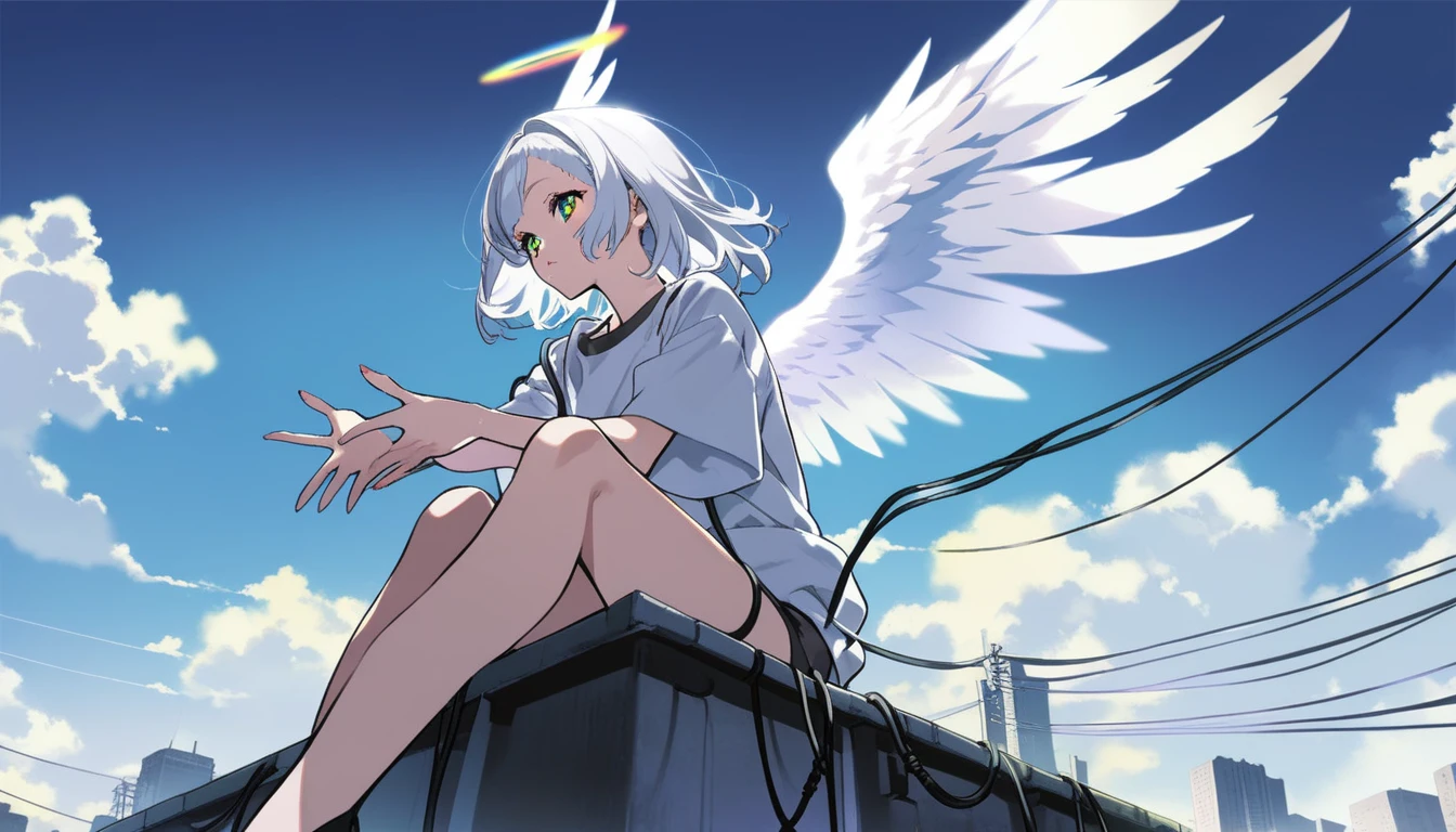 One girl, by yoneyama mai, Mymuro, Suspected habitat, wave hands, Heterochromatic pupil, (Sitting in the clouds), Cowboy Shot,Great quality, Pushed down, Angel Wings, alone, Long white hair, Winged Bangs, Shortcuts, Provocative, Angel Neighborhood、light blue atmosphere, The contrast between the cables and wires is aesthetically pleasing, skyline, Beautiful colors, (Great quality:1.5), masterpiece