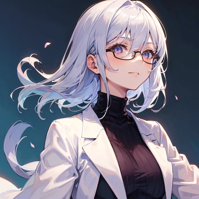 ((((One Woman)))),Woman with glasses and blue turtleneck top, [[[[smile wickedly]]]], (high quality), Silver Hair,gapmoe yandere, Silver Hair Woman, Portrait Gap Moe Yandere Grimdark,Scholar in white coat,magician,Half Up,Medium Hair,Hair between the eyes,Wavy Hair,whole body,(((38 years))),A moving picture,((((((One Woman))))))，Good looking woman