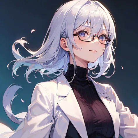 ((((one woman)))),woman with glasses and blue turtleneck top, [[[[smile wickedly]]]], (high quality), silver hair,gapmoe yandere...