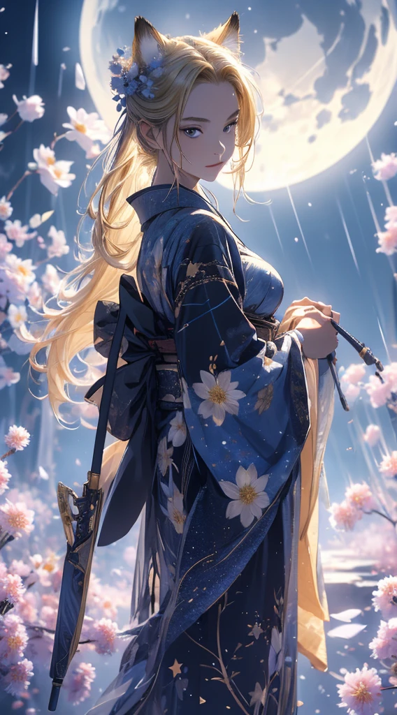 masterpiece, high quality, 4K, Beautiful design, silhouette，blonde， 非常に詳細な夜のStarry Sky,Flower Field， wonderful, Finer details,  Very knowledgeable woman, Highly detailed solo, 1 female,Cat ear，Big Breasts，kimono，Night view，Starry Sky，full moon，