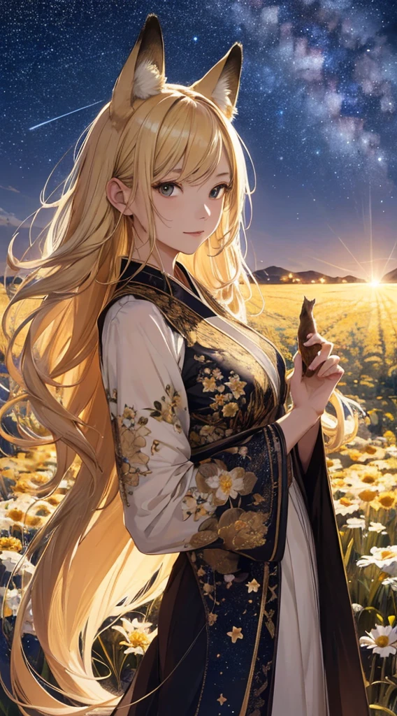 masterpiece, high quality, 4K, Beautiful design, silhouette，blonde， 非常に詳細な夜のStarry Sky,Flower Field， wonderful, Finer details,  Very knowledgeable woman, Highly detailed solo, 1 female,Fox Ears，Fox&#39;s Tail，Big Breasts，kimono，Night view，Starry Sky，full moon，