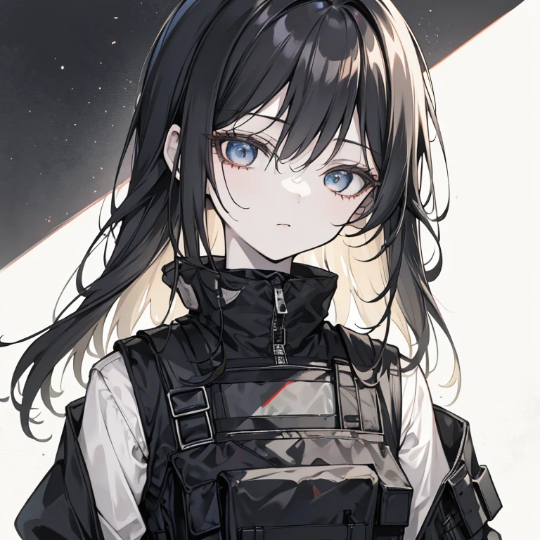 A pale 5'8 women with long messy unkept long black hair that drapes over both her eyes+ wearing tactical gear+tactical vest+looks sleep deprived 