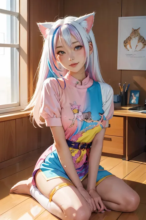 Colorful hair and colorful dress in anime ((cat-eared 1girl)),   pastel vivid, rossdraws cartoon vivid, anime style 4k, beautifu...