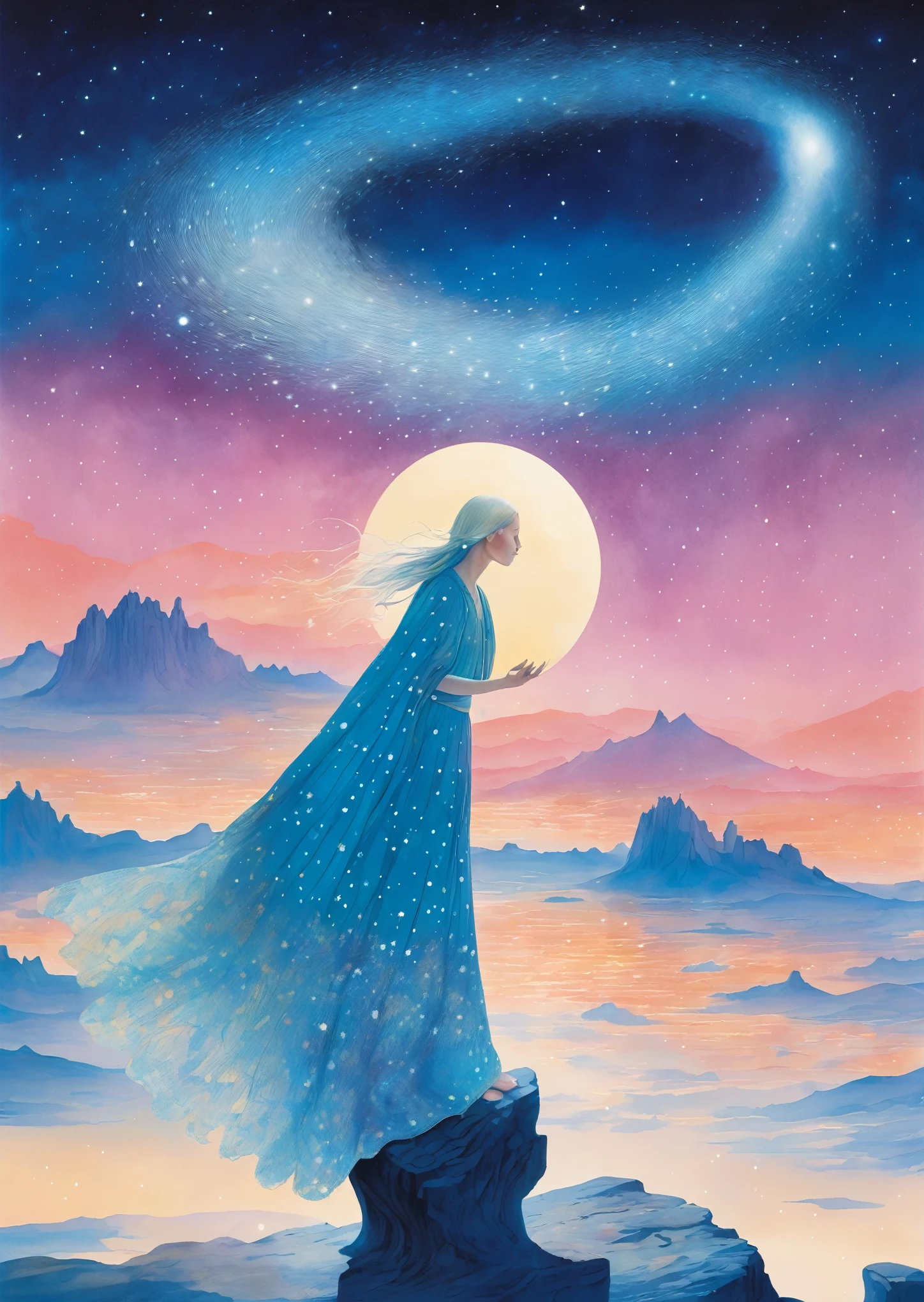 1 mulher linda noite surreal via láctea sonhadora, folclore,   Magia, Orientalismo, Romantismo
(Uma ilustração：Kay Nielsen、Ryan McGinley、Cruz Pipilotti)