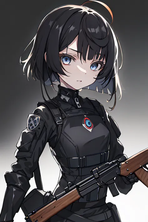 (masuter piece,best quality,ultra-detailed), (a detailed face),1girl in,a dark-haired,bob cuts,black eye,battle garments,black t...