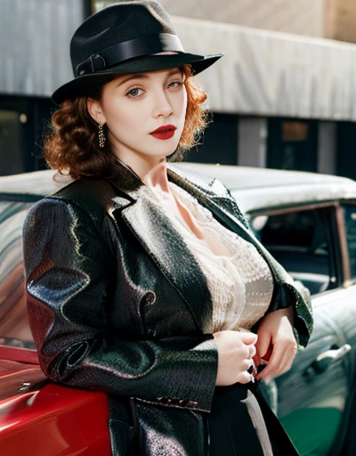 傑作, 皮膚蒼白, 紅唇, 明亮的眼睛, 眼影, 从正面拍摄、一個美麗的紅髮女人，中等捲髮、拿著 Thompson M1928A1 鼓站在街上。, 她身後是一輛依然綠色的 1928 年凱迪拉克 Town Sedan., 她穿著紅黑相間的黑手黨套裝, 她肩上披著黑手黨風格的裙子和夾克, 她也戴著帽子, 吊襪帶支架和鞋跟, 非常詳細ボディ, 詳細的汽車和服裝, 明暗對比, 自然光, 非常詳細, 她和汽车专注于形象.