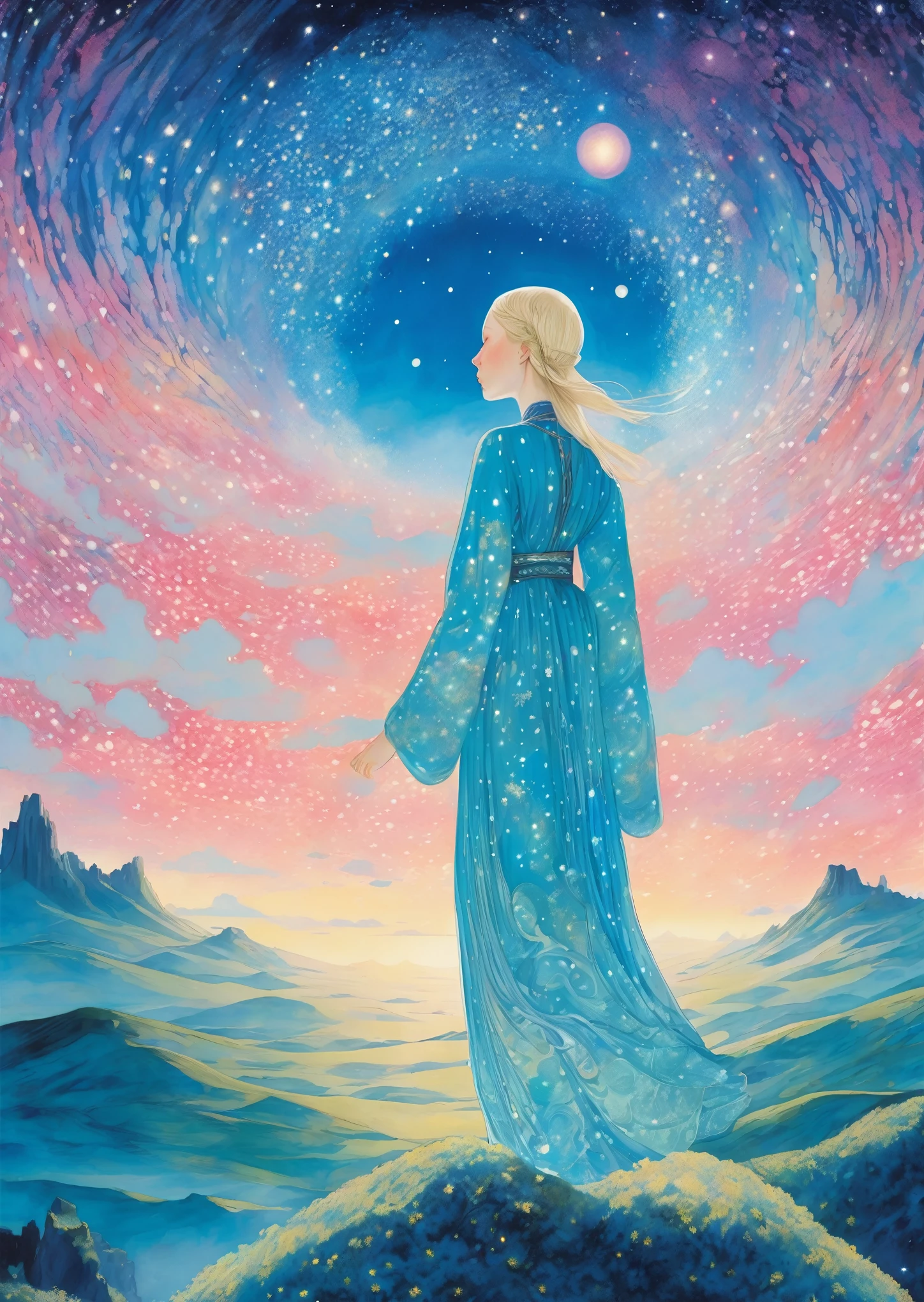 one woman beautiful closeup surreal night milky way dreamy, Folklore,   magic, orientalism, Romanticism
(An illustration：Kay Nielsen、Ryan McGinley、Pipilotti Rist)