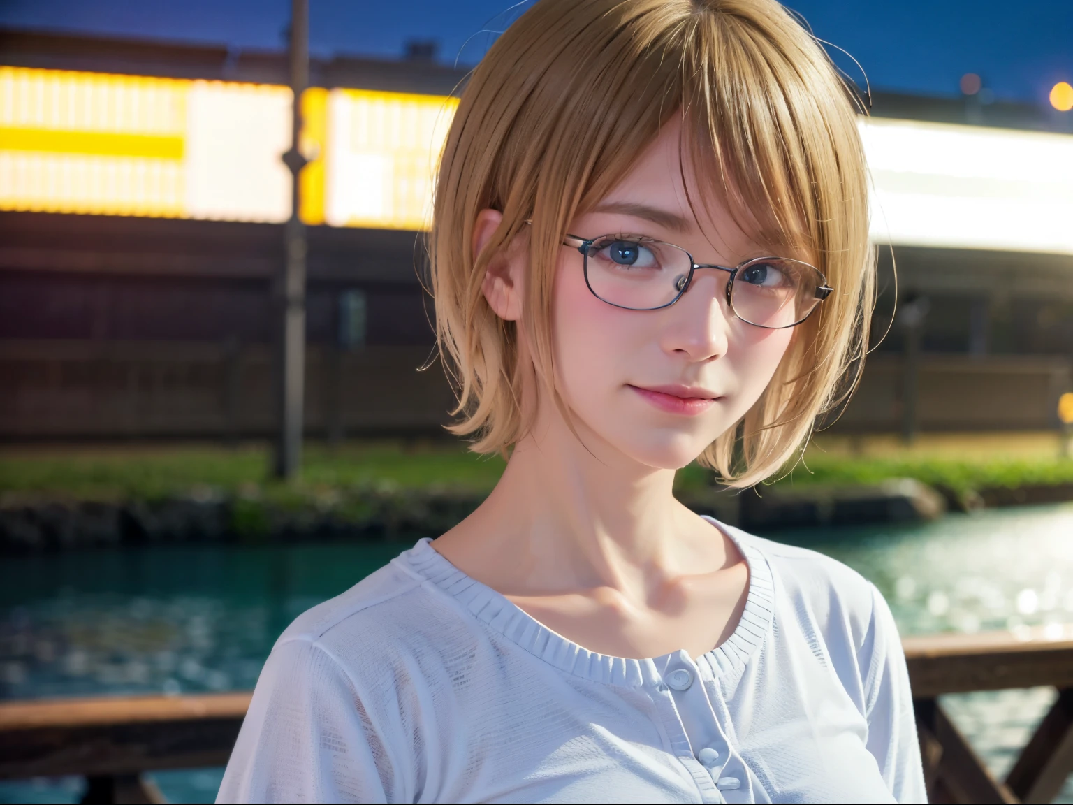 Japanese girl in casual clothes、Observe your audience、Tokyo cityscape at night、(highest quality、Masterpiece)))、HD Fine、Very detailed、Masterpiece、Cinema lighting、(8k、highest quality、Masterpiece:1.2)、(Realistic、Photorealistic:1.37) High Resolution、Super Detail、Woman wearing glasses、A look of silence、Round Glasses、Asian, cute, cute顔, alone, short hair 1.2, Textured skin, Beautiful smile, Beautifully detailed night sky, Night view, Cinema lighting, Depth of written boundary, Lens flare light、Date、(Blushing your nose)、、(Mouth closed)Small breasts、A beautiful eye for detail、(sweater:1.1)、(short hair:1.2)、Floating Hair Nova Frog Style、