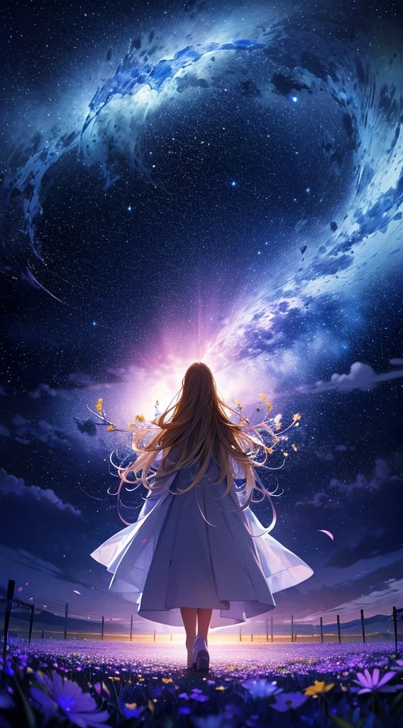 １people々々々々々々々々,Blonde long-haired woman，White long coat， Dress Silhouette， Rear View，Space Sky, Countless crosses stand in a flower field，Colorful flowers，Fluttering petals，Countless crosses lined up，