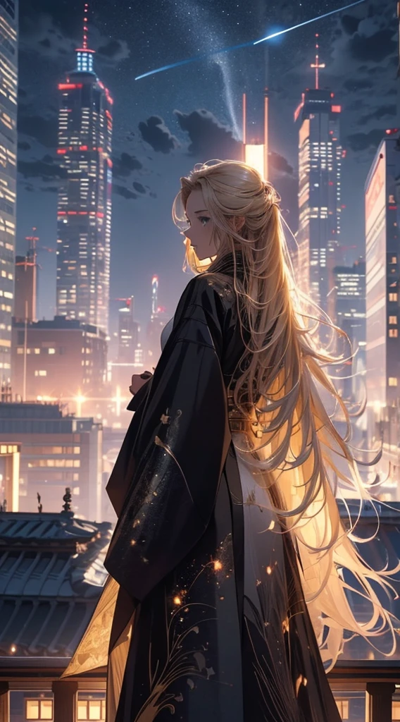 １people々々々々々々々々々々,Blonde long-haired woman，Long coat， Dress Silhouette， Rear View，Space Sky, comet, Anime Style, City night view from the rooftop，Countless crosses of light in the city，