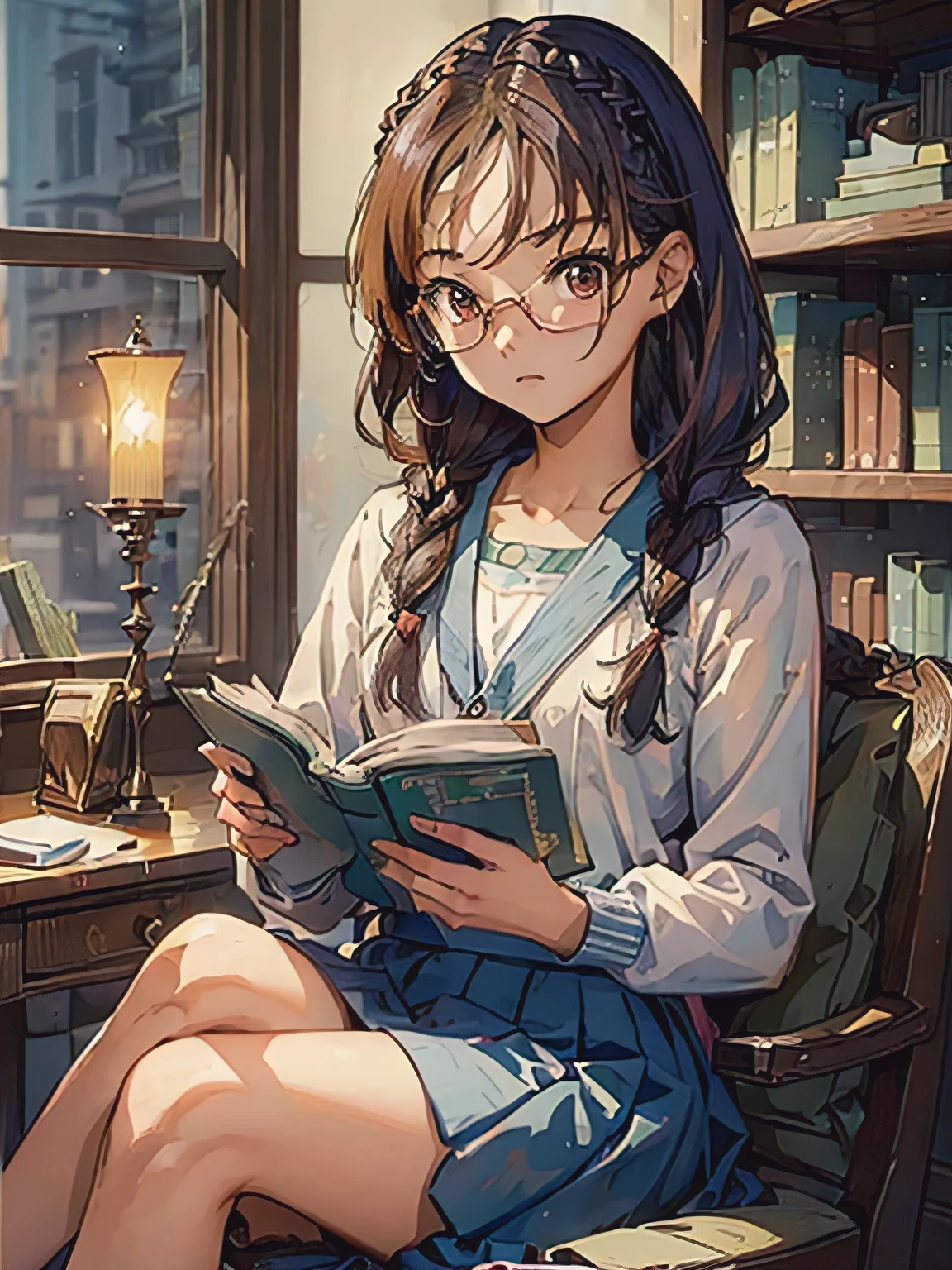 (((masterpiece))) (((background : school theme : Library : books ))) ((( character : teenager : Tzuyu : nerd : fit body : braided hair : glasses :  : sitting : serious studying )))