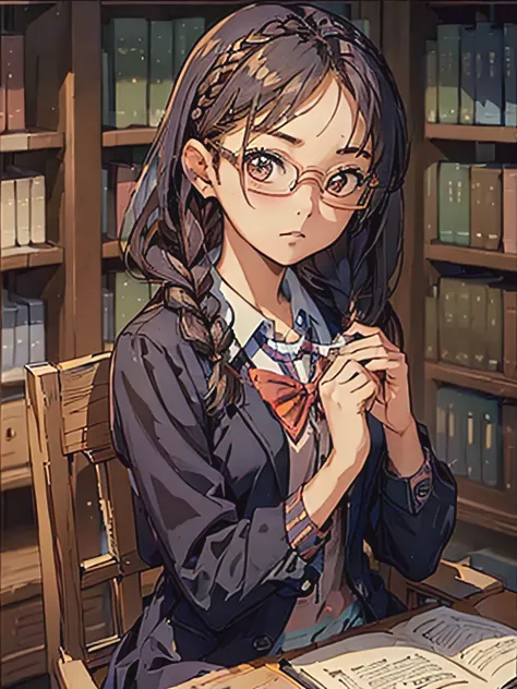 (((masterpiece))) (((background : school theme : Library : books ))) ((( character : teenager : Tzuyu : nerd : fit body : braide...