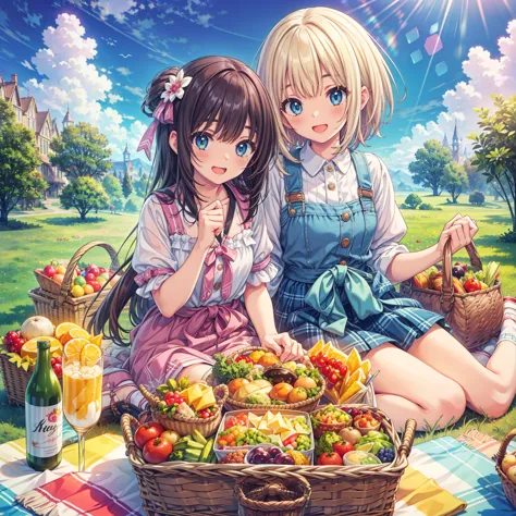 masterpiece, best quality, high resolution, extremely detailed CG, absurdres, multiple girls with different hair colors, picnic,...