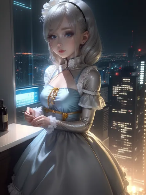 One Woman、Yellow Dress、Gray Hair、((blue eyes))、Captivating eyes、Night view