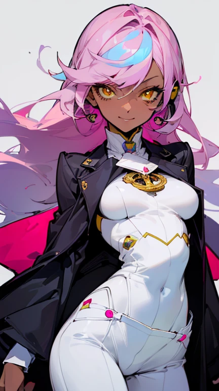 (highest quality、masterpiece:1.2) 1 Female、adult woman、((Dark skinned women、Hair over the ears)), light pink hair, blue hair, mixed hair color, yellow Eyes, monocle, ((black jacket, white pantsuit)), (Malicious smile), villain, sharp eye, underboob, little earring, different lengths hair, dynamic pose, lift,