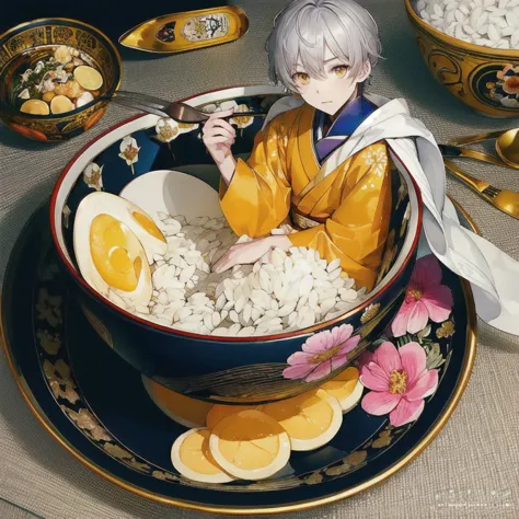 (masterpiece, highest quality, highest quality, official art, beautifully、aesthetic:1.2),
one boy, kimono, alone, gray hair, foo...