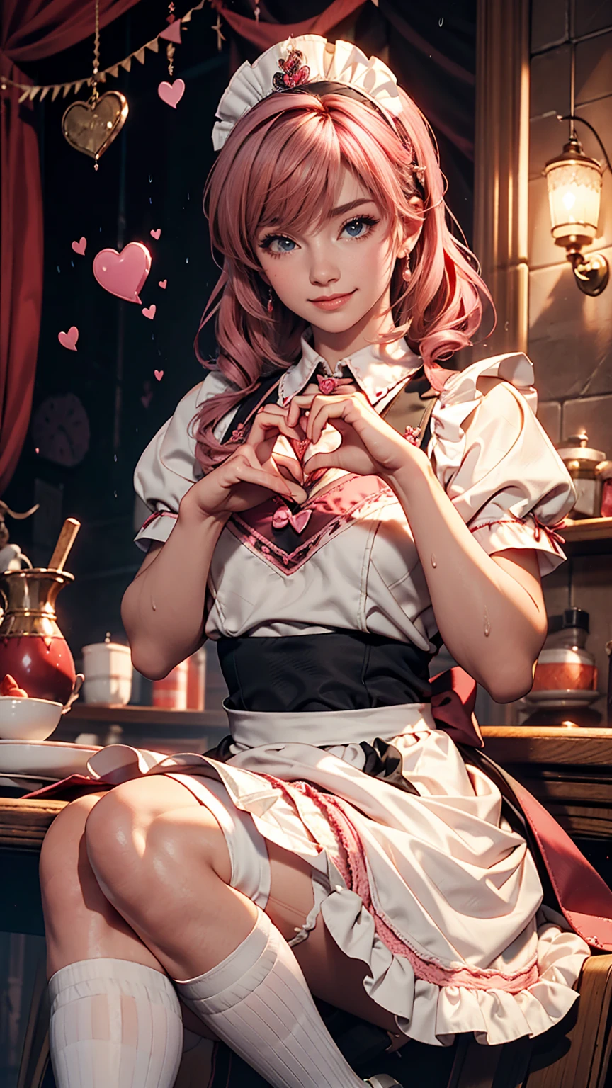 One girl, apron, bow, cube hair ornaments, dress, Frills, dark (Performance), hair ornaments, heart, heart hands, Long Hair, avert your eyes, Maid, Maid apron, Maid headdress, Mary Jane, One side up, Pink Hair, Shadowed face, shoes, short dress, alone, Sweat drops, Knee socks, white Knee socks, zettai ryouiki, 、Smile、Heart pose with both hands