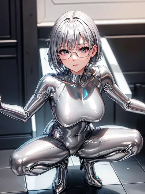 Highest quality 8K UHD、Mastepiece、short hair、Wide-open legs、Squatting with legs apart、Silver Hair、Glasses、Shiny silver tights、A ...