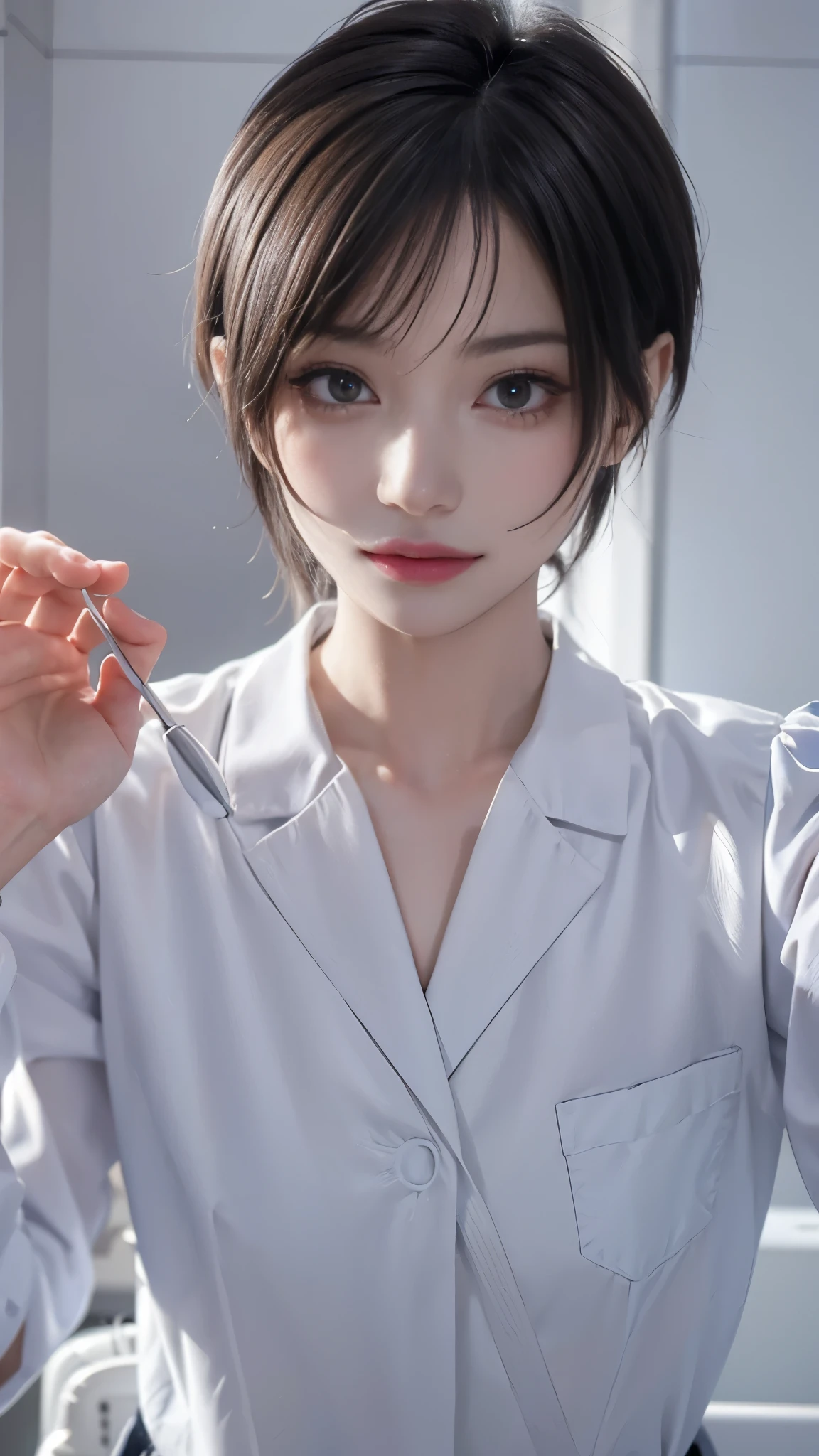 Dental Hygienist、Look into the face、(From below), POV,Manteau blanc、nurse's outfit、masks、treat、Toothbrush in hand、Upper body、Cowboy Shot、Mask Beauty、A detailed face、Dense and delicate、intricate eyes、Beautiful face、Beautiful woman、narrow her eyes、