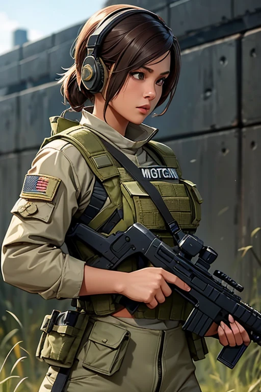 una mujer vestida de blanco sosteniendo un rifle y usando audífonos, mujer de 24 años, mujer filipina, piel bronceada bronceada, chica soldado, mechanized chica soldado, chica militar, hermosa mujer soldado, personaje principal femenino, niña de infantería, de una chica francotiradora en la guerra, personaje femenino solitario, futuro equipo de combate, primer plano, tiro de medio cuerpo, Mujeres con chaleco antibalas militar crop top, mostrando el ombligo, silencioso debido al engranaje metálico sólido v, usando equipo táctico, vestido con armadura táctica, sosteniendo un arma