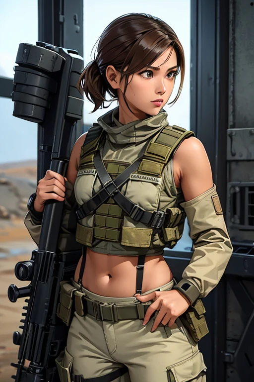 una mujer vestida de blanco sosteniendo un rifle y usando audífonos, mujer de 24 años, mujer filipina, piel bronceada bronceada, chica soldado, mechanized chica soldado, chica militar, hermosa mujer soldado, personaje principal femenino, niña de infantería, de una chica francotiradora en la guerra, personaje femenino solitario, futuro equipo de combate, primer plano, tiro de medio cuerpo, Mujeres con chaleco antibalas militar crop top, mostrando el ombligo, silencioso debido al engranaje metálico sólido v, usando equipo táctico, vestido con armadura táctica, Pistola de hombro