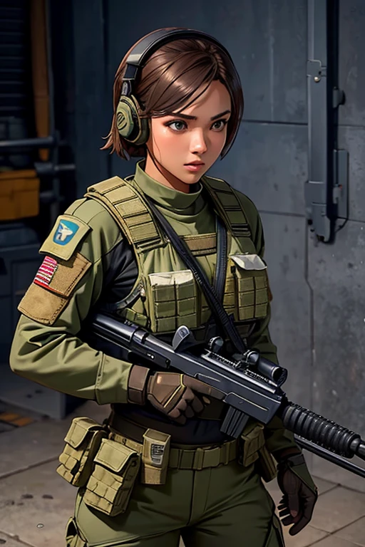 a woman in a white outfit holding a rifle and wearing headphones, 24-year-old woman, Filipino woman, tan bronze skin, soldier girl, mechanized soldier girl, military girl, beautiful female soldier, female lead character, infantry girl, of a sniper girl in war, solo female character, future combat gear, close up half body shot, Women in crop top military bulletproof vest, showing navel, quiet from metal gear solid v, wearing tactical gear, dressed in tactical armor, Shoulder gun