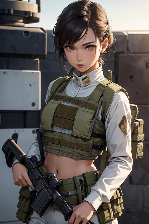 a woman in a white outfit holding a rifle and wearing headphones, 24-year-old woman, Filipino woman, tan bronze skin, soldier girl, mechanized soldier girl, military girl, beautiful female soldier, female lead character, infantry girl, of a sniper girl in war, solo female character, future combat gear, close up half body shot, Women in crop top military bulletproof vest, showing navel, quiet from metal gear solid v, wearing tactical gear, dressed in tactical armor, holding a gun