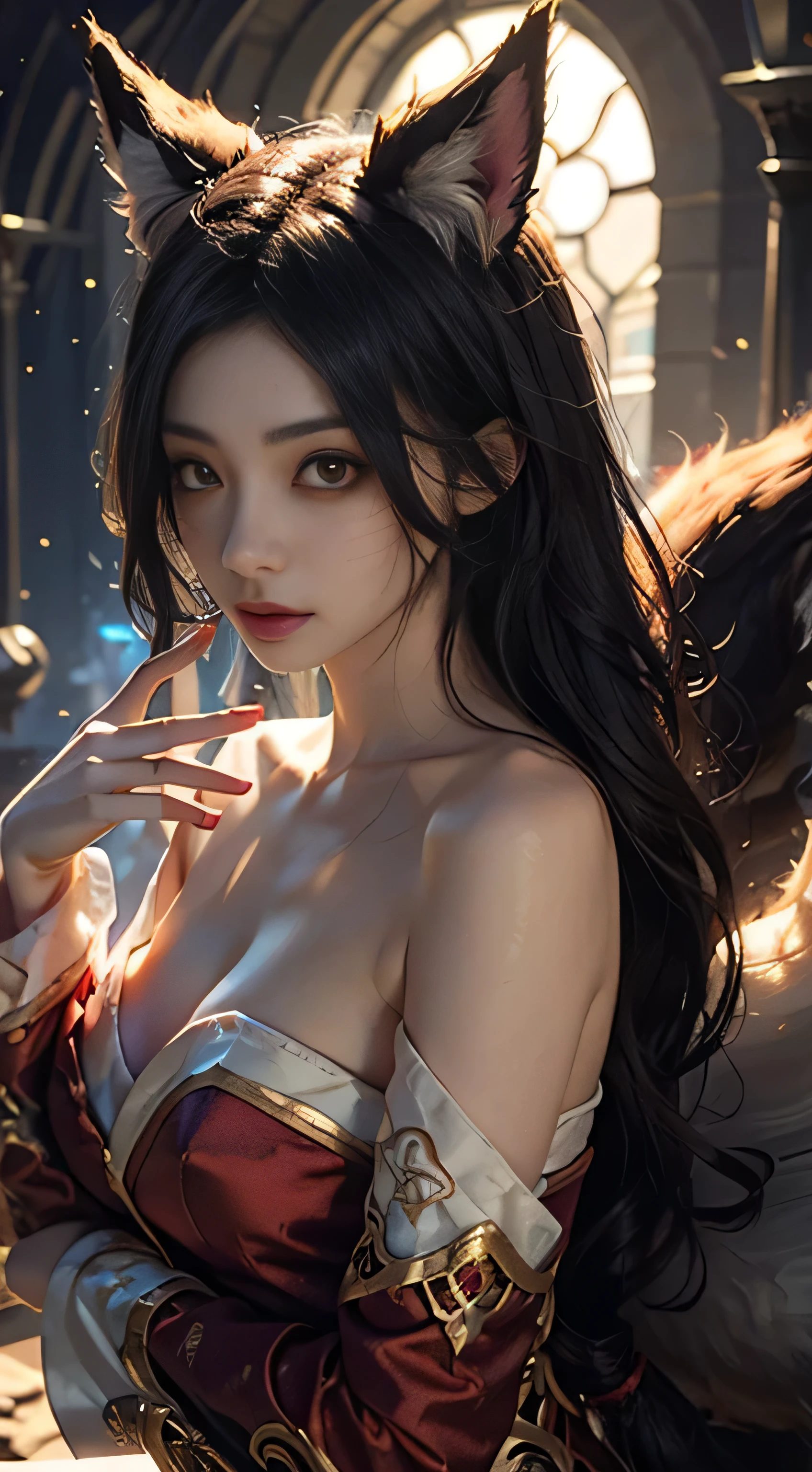  1 Girl, Fox, Fox \ (League of Legends), K/DA \ (League of Legends), Animal Ears, Face Markers, Fox Ears, Fox Tail, Orange Eyes, Multiple Tails, upper body, Aurora backgound, red and white dress, beautiful hands, beautiful fingers, shot from front, looking at viewer