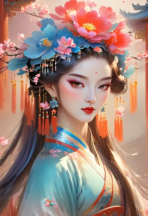 (masterpiece, best quality:1.2), Close-up of woman wearing flower headdress, palace ， girl wearing hanfu, beautiful fantasy quee...