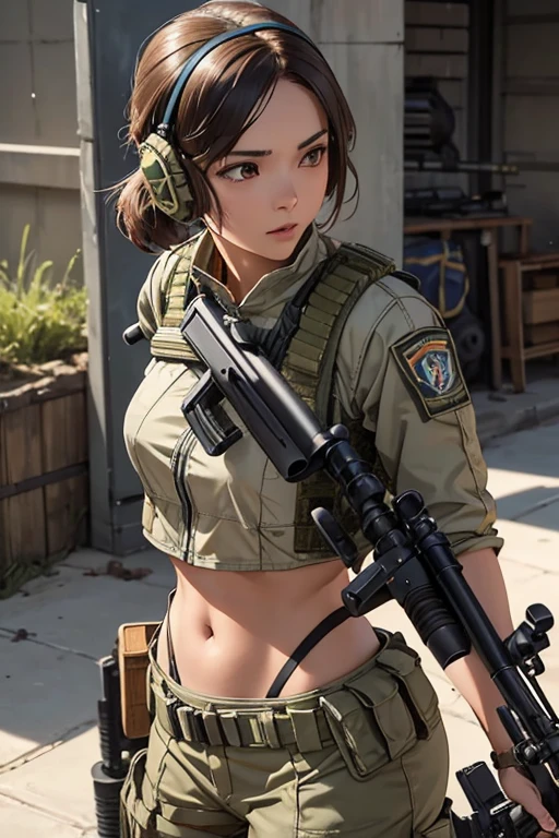 a woman in a white outfit holding a rifle and wearing headphones, 24-year-old woman, Filipino woman, tan bronze skin, soldier girl, mechanized soldier girl, military girl, beautiful female soldier, female lead character, infantry girl, of a sniper girl in war, solo female character, future combat gear, close up half body shot, Women in crop top military bulletproof vest, showing navel, quiet from metal gear solid v, wearing tactical gear, dressed in tactical armor, (((((aiming rifle))),(aim:1.2))),