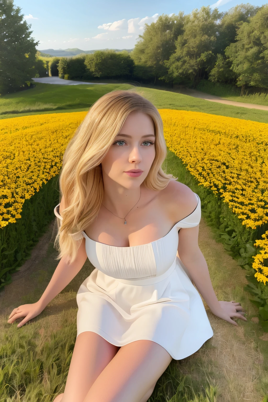 best quality, masterpiece, ultra high resolution, (lifelike:1.4), original photo, 1 girl, white dress, Off the shoulders, flower field, glowing skin, faint smile
