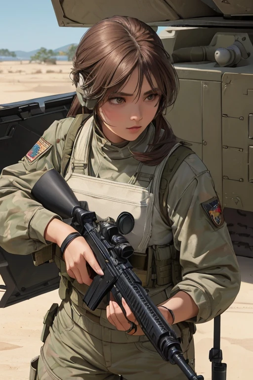 una mujer vestida de blanco sosteniendo un rifle y usando audífonos, mujer de 24 años, mujer filipina, piel bronceada bronceada, chica soldado, mechanized chica soldado, chica militar, hermosa mujer soldado, personaje principal femenino, niña de infantería, de una chica francotiradora en la guerra, personaje femenino solitario, futuro equipo de combate, primer plano, tiro de medio cuerpo, Mujeres con chaleco antibalas militar crop top, mostrando el ombligo, silencioso debido al engranaje metálico sólido v, usando equipo táctico, vestido con armadura táctica, (apuntar rifle)