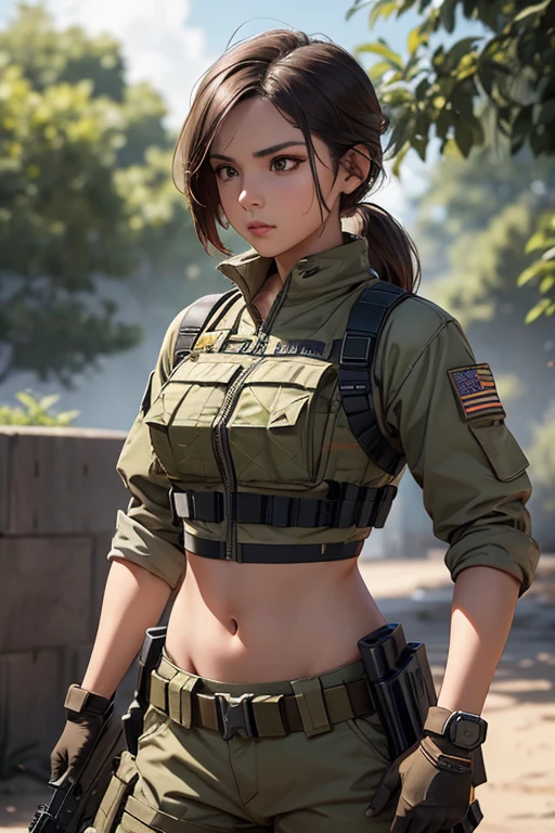 una mujer vestida de blanco sosteniendo un rifle y usando audífonos, mujer de 24 años, mujer filipina, piel bronceada bronceada, chica soldado, mechanized chica soldado, chica militar, hermosa mujer soldado, personaje principal femenino, niña de infantería, de una chica francotiradora en la guerra, personaje femenino solitario, futuro equipo de combate, primer plano, tiro de medio cuerpo, Mujeres con chaleco antibalas militar crop top, mostrando el ombligo, silencioso debido al engranaje metálico sólido v, usando equipo táctico, vestido con armadura táctica, (apuntar rifle)