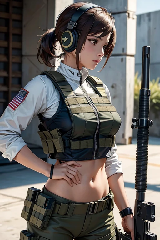 una mujer vestida de blanco sosteniendo un rifle y usando audífonos, mujer de 24 años, mujer filipina, piel bronceada bronceada, chica soldado, mechanized chica soldado, chica militar, hermosa mujer soldado, personaje principal femenino, niña de infantería, de una chica francotiradora en la guerra, personaje femenino solitario, futuro equipo de combate, primer plano, tiro de medio cuerpo, Mujeres con chaleco antibalas militar crop top, mostrando el ombligo, silencioso debido al engranaje metálico sólido v, usando equipo táctico, vestido con armadura táctica, (apuntar rifle)