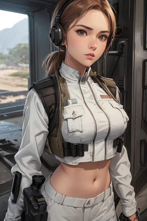 ((una mujer vestida de blanco sosteniendo un rifle y usando audífonos)), mujer de 24 años, mujer filipina, piel bronceada bronceada, chica soldado, mechanized chica soldado, chica militar, hermosa mujer soldado, personaje principal femenino, niña de infantería, de una chica francotiradora en la guerra, personaje femenino solitario, futuro equipo de combate, primer plano, tiro de medio cuerpo, ((Mujeres con chaleco antibalas militar crop top)), (mostrando el ombligo), silencioso debido al engranaje metálico sólido v, usando equipo táctico, vestido con armadura táctica, (apuntar rifle), (arma realista)