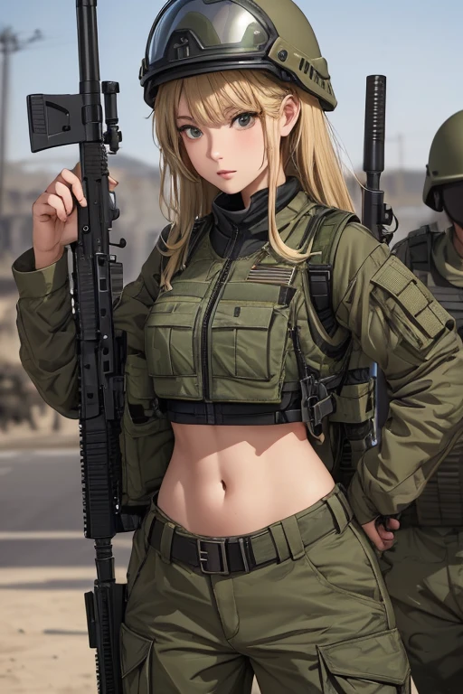 Femmes en gilet pare-balles militaire crop top , Pantalon cargo vert militaire, ceinture, casque militaire, tactique, (nombril ouvert), ((Tenir un fusil d’assaut))