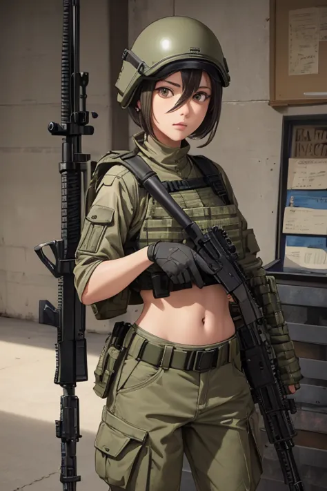 Women in crop top military bulletproof vest , military green cargo pants, belt, military helmet, tactical, (open navel), ((((aim...