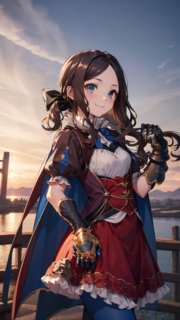 masterpiece, highest quality, High resolution, Da Vinci, ponytail, Hair Bow, Parted bangs, Small breasts, Blue ribbon, Single gauntlet, Cape, Red Skirt, Puff short sleeves, Blue gloves, Blue Pantyhose, Cowboy Shot, Are standing, Outdoor, smile,