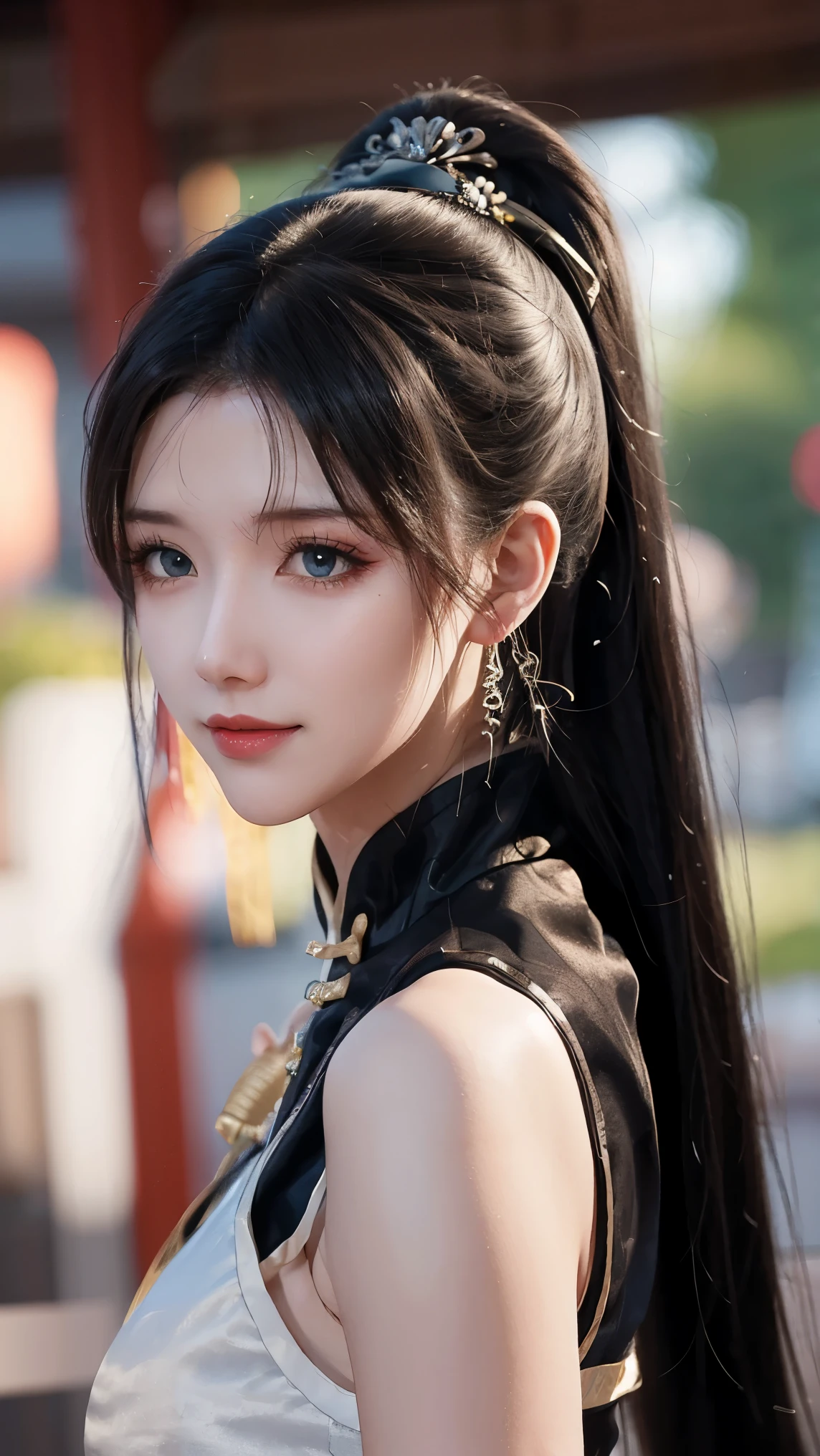 ，Close-up of miss wearing white mask, Beautiful character painting, guweiz, Gurwitz-style artwork, White-haired god, author：Yang Jie, Epic and beautiful character art, Stunning character art, author：Fan Qi, by Wuzhun Shifan, pixiv Art Street Guviz, Single ponytail, insult, High Ponytail, Tall and big, Long legs, (Sleeveless lace shirt), (shorts), (Striped )), ((Striped )), Walk, elegant, dignified, miss, Beautiful curves, sweet smile, Strong sense of detail and layering, color丰富绚丽, Has a unique texture, rich and colorful, color, vivid, design art, 16K, Super detailed, {{illustration}}, {Extremely refined}, {Exquisite surface treatment}, Super detailed, Delicate and shining eyes, {{Movie Lighting}}, Extreme lighting effects, Model: realism, CFG size: 12, Laura: Bright texture (1.35), high quality, masterpiece, Exquisite facial features, Delicate hair depiction, Detailed depiction of eyes, masterpiece, best quality, Ray Tracing, Extremely detailed CG unified 8k wallpaper, masterpiece, best quality, (1 girl), 完美miss身材, (((Skinny white T-shirt))),  (Delicate face), Black short hair, Tie your hair up, light blue hairpin,  (White skin), (Optimal lighting), (Super intricate details), 4k unity, (Super detailed CG), Showing off her white legs, , Hot Pants, shorts,