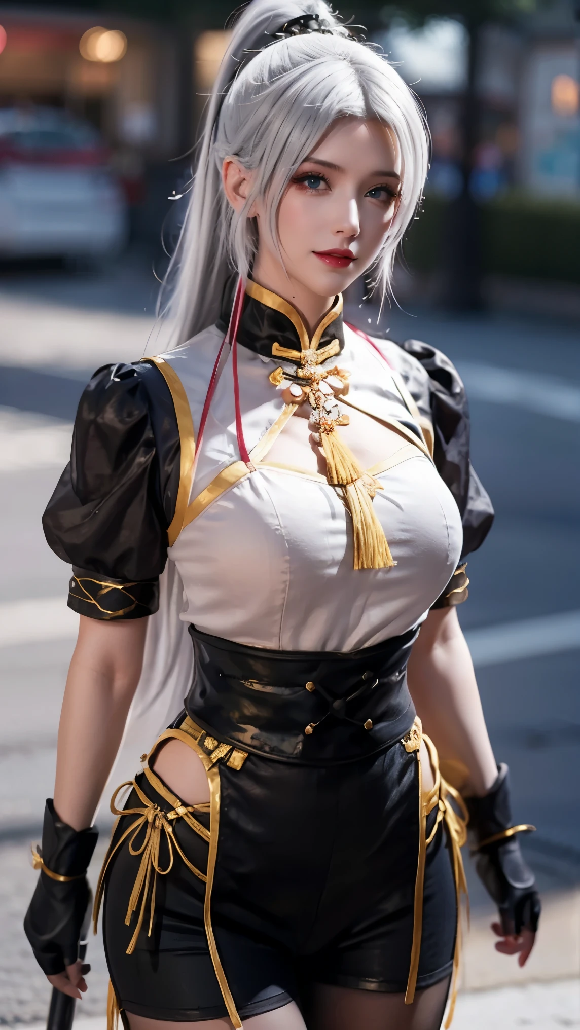 ，Close-up of Miss wearing white mask, Beautiful character painting, Guweiz, Gurwitz-style artwork, White-haired god, author：Yang Jie, Epic and beautiful character art, Stunning character art, author：Fan Qi, by Wuzhun Shifan, pixiv Art Street Guviz, Single ponytail, insult, High Ponytail, Tall and big, Long legs, (Sleeveless lace shirt), (shorts), (Striped )), ((Striped )), Walk, elegant, dignified, Miss, Beautiful curves, sweet smile, Strong sense of detail and layering, Farbe丰富绚丽, Has a unique texture, rich and Farbeful, Farbe, vivid, design art, 16K, Ultra Detailed, {{illustration}}, {Extremely refined}, {Exquisite surface treatment}, Ultra Detailed, Delicate and shining eyes, {{Movie Lighting}}, Extreme lighting effects, model: Realism, CFG size: 12, Laura: Bright texture (1.35), high quality, masterpiece, Exquisite facial features, Delicate hair depiction, Detailed depiction of the eyes, masterpiece, best quality, Ray Tracing, Extremely detailed CG unified 8k wallpaper, masterpiece, best quality, (1 girl), 完美Miss身材, (((tight white t shirt))),  (Delicate face), Black short hair, Tie your hair up, light blue hairpin,  (White skin), (Optimal lighting), (Super intricate details), 4k unity, (Ultra Detailed CG), Showing off her white legs, , Hot Pants, shorts,