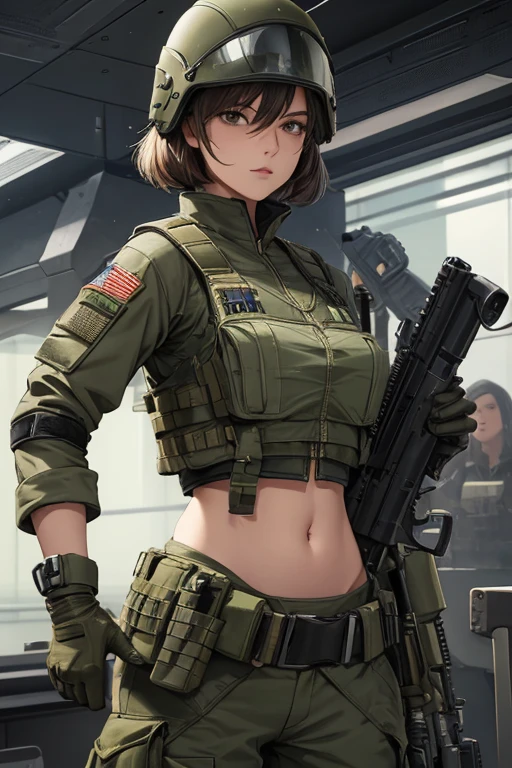 Women in crop top military bulletproof vest , military green cargo pants, belt, military helmet, tactical, (open navel), ((aiming a futuristic gun))