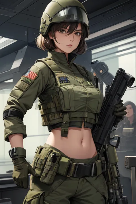 Women in crop top military bulletproof vest , military green cargo pants, belt, military helmet, tactical, (open navel), ((aimin...